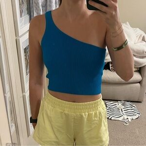 Blue one shoulder knit top